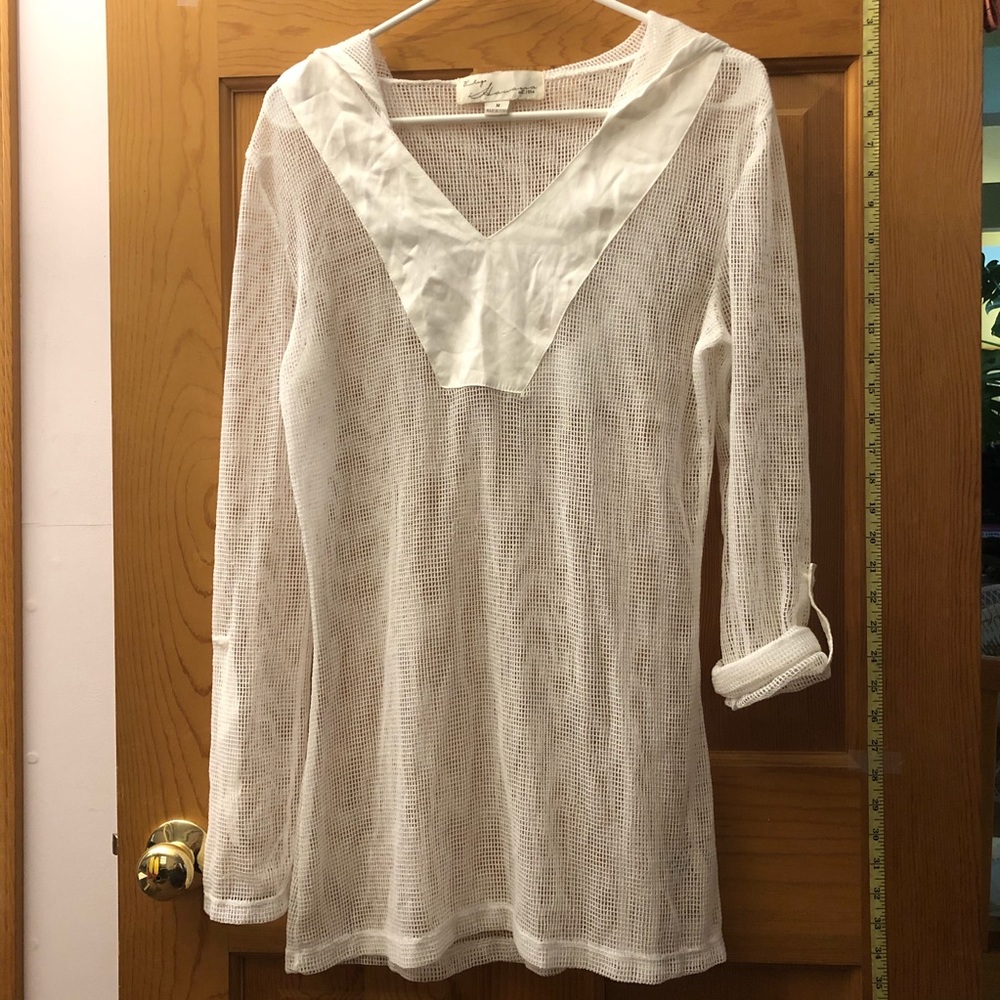 White mesh hooded swimsuit cover up